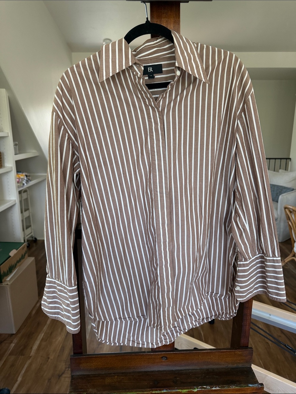 Brown and White Stripe Button-Front Women's Shirt